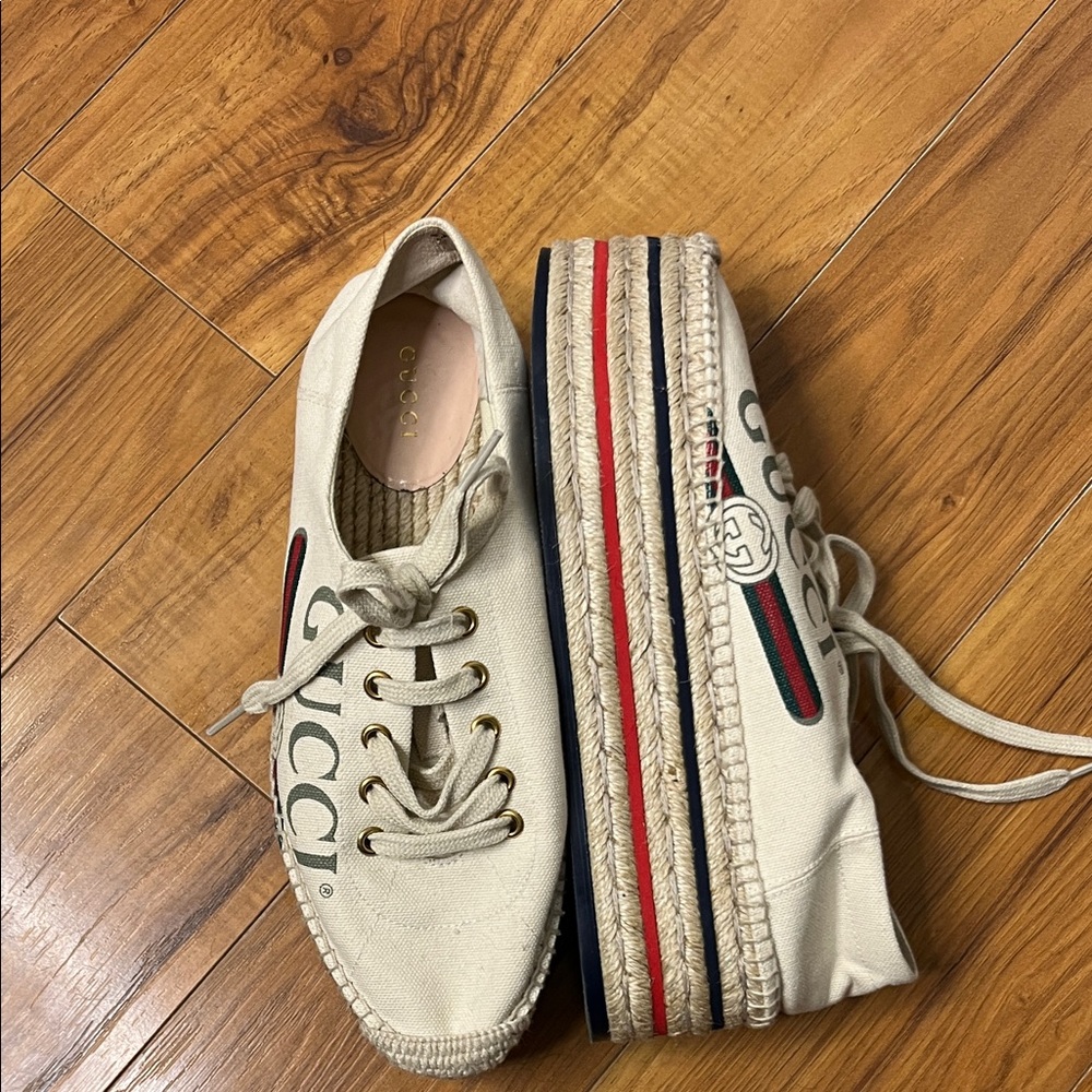 Gucci cream logo platform, espadrille sneakers flat with lace up
